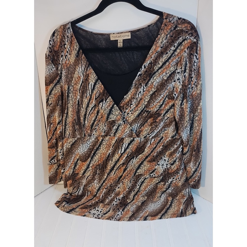 Notations Womens XL Animal Print Faux Wrap Top Brown Black 3/4 Sleeve Y2K USA
